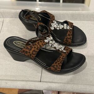 Callisto Brown Leopard Wedge Sandals with Crystal Accents - size 9